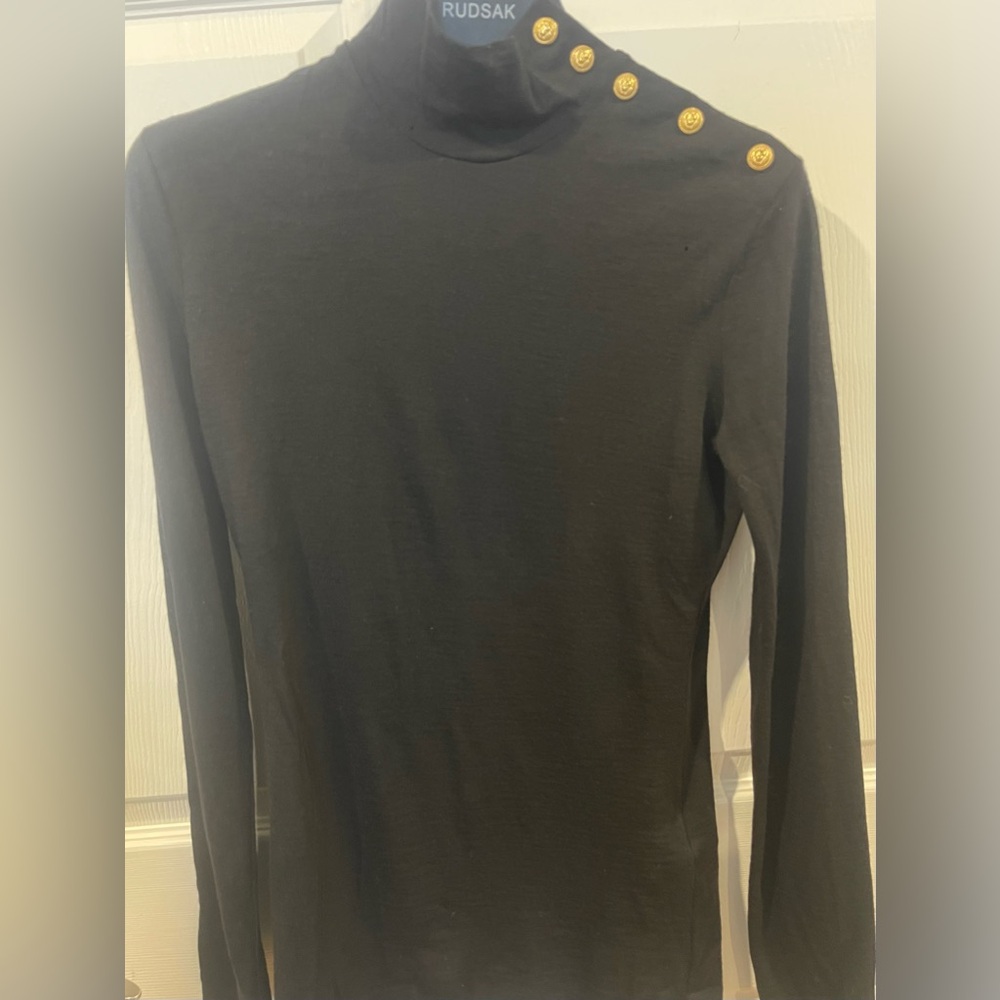 Balmain 100% wool Black Turtleneck with Gold Button Detail size 40 2 small holes - Picture 3 of 10